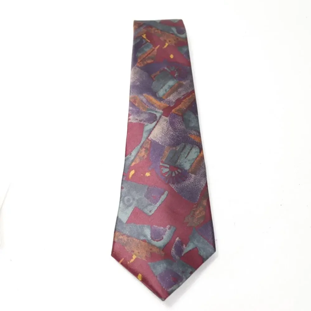 Vtg Cambridge Classics Mervyns Tie Mens 57 in Burgundy Silk Abstract Wide